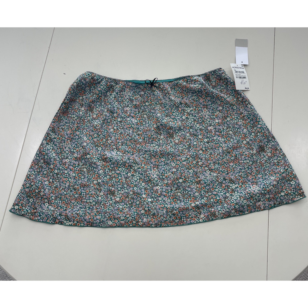 BP Skirt L Beige Ditsy Floral Silky Satin Mini Bow Cottagecore Fairy Coquette